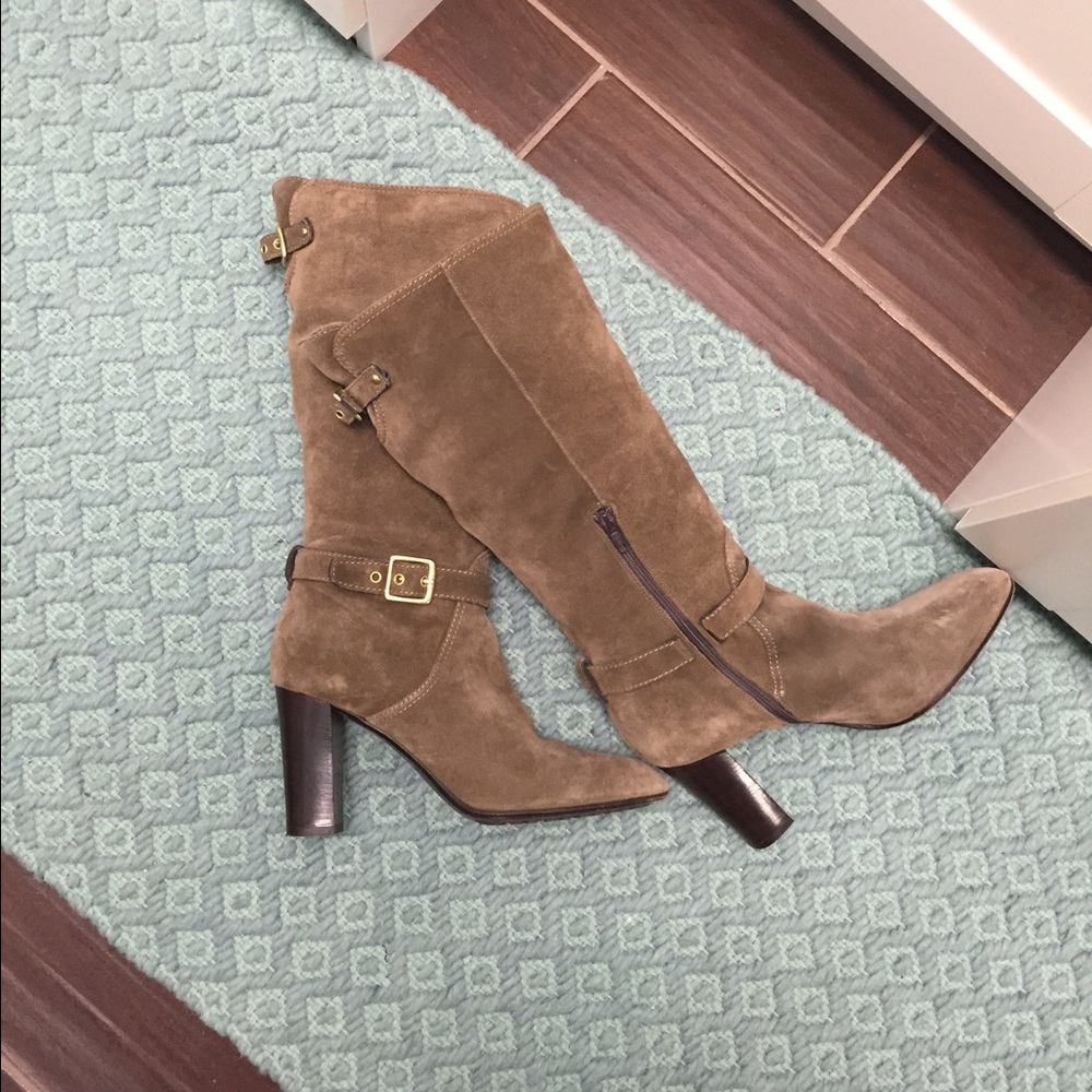 Coach Tan Heeled Suede Boots with Buckle Details